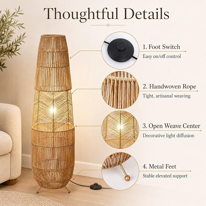 Hand Woven Rattan Floor Lamp,Boho Standing Lamps for Living Room | Handcrafted Wicker Shade,No Assembly Required,Unique Shadow Effects,Foot Switch Control,36 Inch Tall,3 Color Temperature