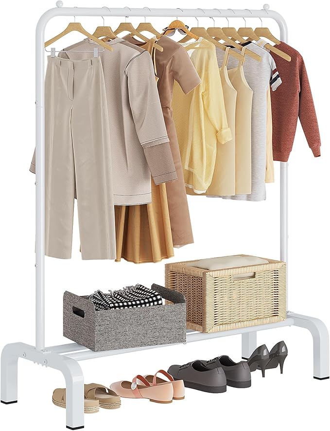 JIUYOTREE Garment Rack Clothing Clothes Rack for Clothes Organizing White | Standard Metal 34 Inches Garment Rack with Bottom Shelf for Hanging Clothes Coats Jackets Shirts Sweaters Jeans White