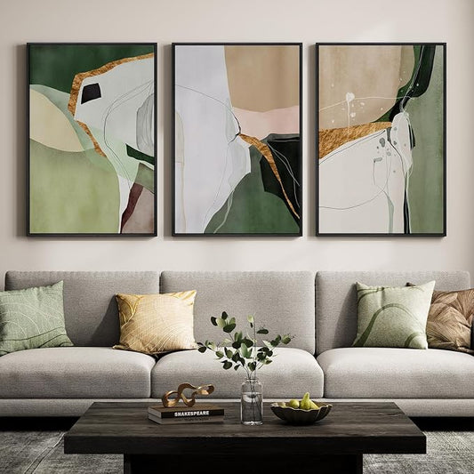 Large Framed Sage Green Abstract Wall Art for Living Room, 3 Piece 24x36 In | Green beige gold block pictures, Canvas prints, Modern painting, Artwork for walls, Wall decor for bedroom dining room office