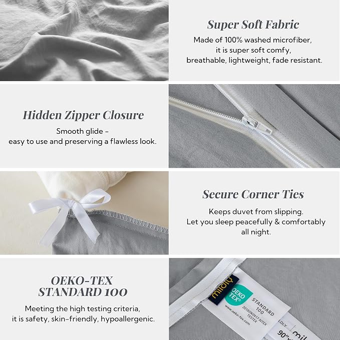 MILDLY Duvet Cover Cal King Ultra Soft Comforter Cover Set 3pcs, Grey | Washed Microfiber Cotton-Like, Breathable Comfort, Hidden Zipper, Corner Ties, OEKO-TEX Certified, Fade Resistant
