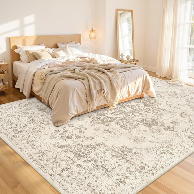 Area Rugs 9x12 Living Room: Bedroom Washable Carpet Beige/Ivory | Vintage Boho Soft Small Indoor Decor Floor Non-Slip Low Pile Neutral Farmhouse Entryway Laundry Bathroom Bedroom Beside Rugs
