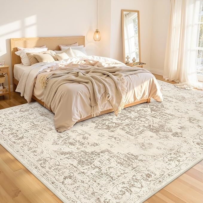 10x14 Area Rugs Living Room: Bedroom Washable Carpet Beige/Ivory | Large Vintage Boho Indoor Decor Neutral Soft Nursery Farmhouse Dining Room Office Floor Non-Slip Low Pile Under Table Rug