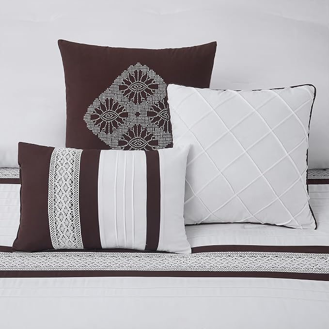 7 Piece Comforter Set, Coffee White, Queen Size, Boho Style Geometric Microfiber Embroidery, Bed in a Bag with Bedskirt, Pillow Shams and Decor Pillows