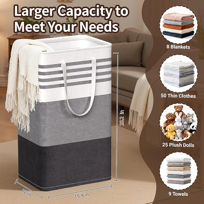 WOWBOX 2 Pack Laundry Baskets, Collapsible Dirty Clothes Laundry Hampers | with Reinforced Handles, Waterproof Coating, 2 Pack for Clean & Dirty Clothes, for Bedroom, Bathroom, Dorm (88L Grey)