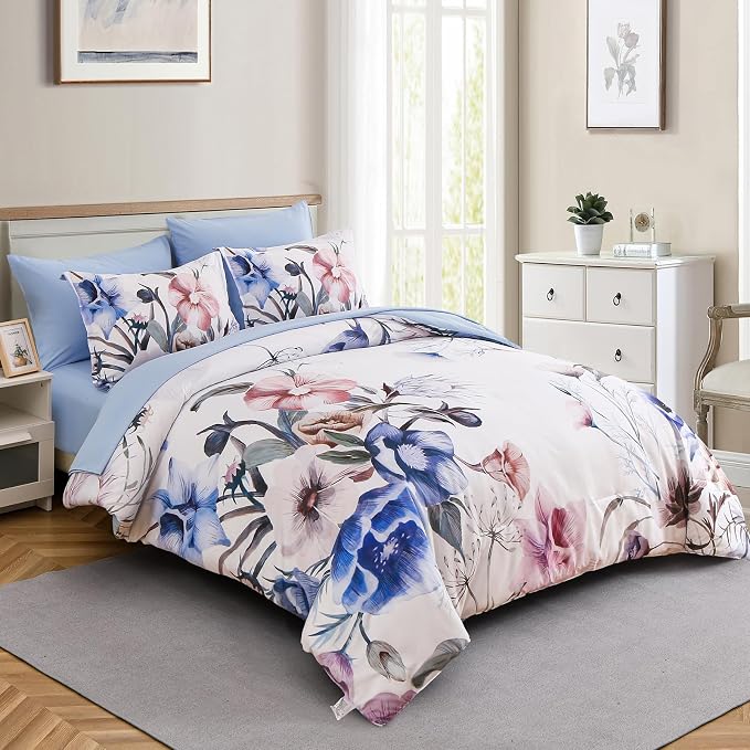 Floral Comforter Set King Size 7 Piece, Blue Flower Bed in a Bag, Elegant Floral Comforter with Sheet Set, Soft Microfiber Bedding Set for All Season (Blue, 104"x90")