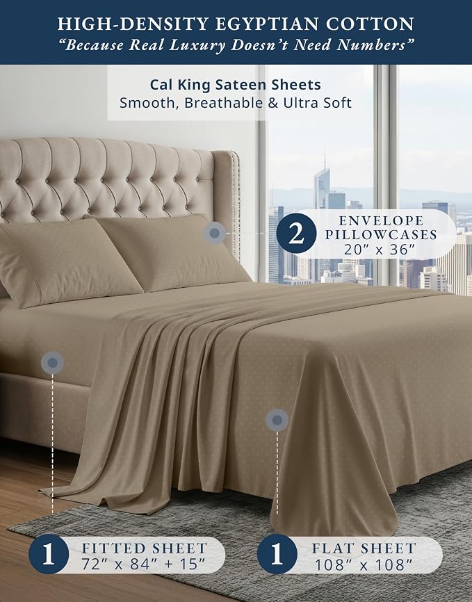 LANE LINEN California King Sheet Sets Cooling Sateen Weave - Taupe | Cal King Deep Pocket Sheets - 4-Piece Set, For A Luxurious Night's Sleep, For A Silky Hotel-Style Bed, Luxe Sheen