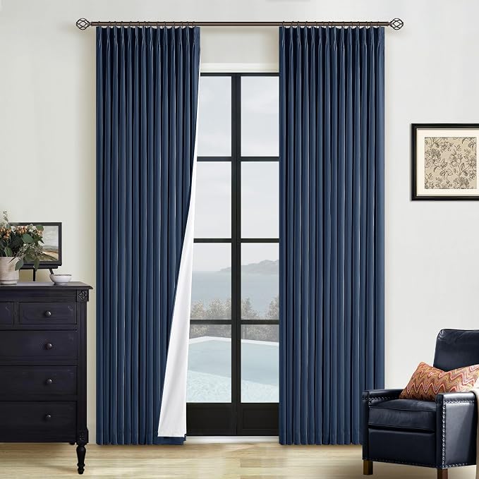 Navy Pinch Pleated 100% Blackout Linen Curtains for Bedroom 84 Inch Length | Room Darkening with Liner, Memory Shape Pleat with Back Tab, Thermal Insulated, Dark Blue, for Living Dining Room Window
