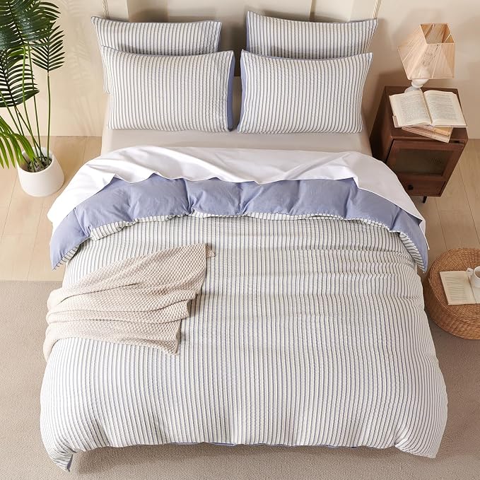 Comforter Set King Size Blue Striped Soft Luxury Washed Microfiber Jacquard 3 Pieces Bedding, White Blue Vertical Ticking Stripes Pattern Comforter with 2 Pillowcases Breathable Durable Comfy