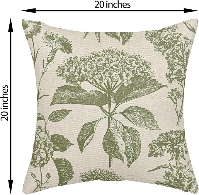 Sage Green Pillow Covers 20x20 Inch 2 Pcs Boho Vintage Floral Decor Throw Pillows Hydrangea Flower Seasonal Outdoor Farmhouse Neutral Accent Decoration Pillowcase Linen Cushion Cover for Sofa