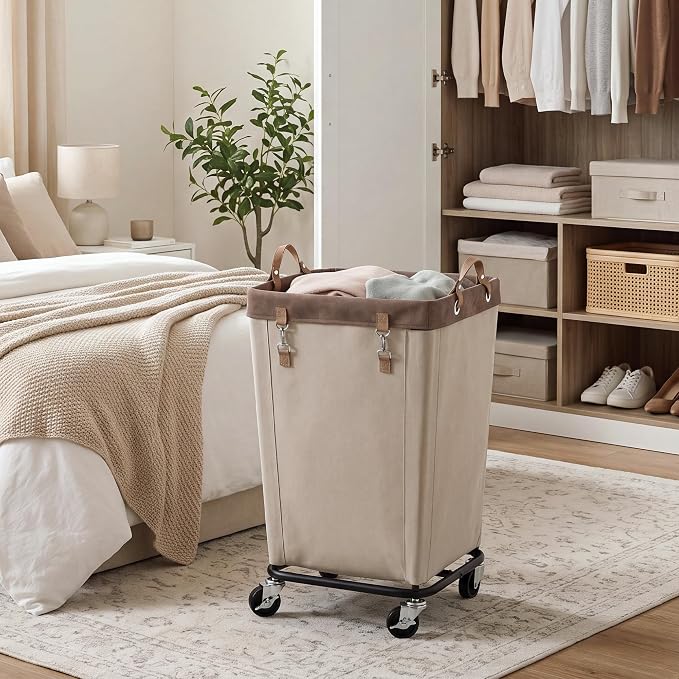 StorageWorks 110L Laundry Basket with Wheels, Rolling Hampers for Clothing | Light Kahki Laundry Rolling Cart with Handles for Bedroom, Bathroom, Dorm, Hotel