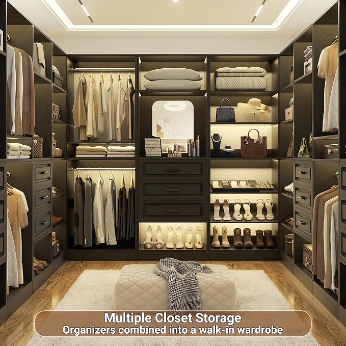 Unikito 75" Modular Closet System with 3 Sets, Mirror & Drawers, Black | Hanging Rods & Adjustable Shelves, Freestanding Wood Wardrobe Garment Rack, Walk in Tower Clothes Storage Organizer Unit