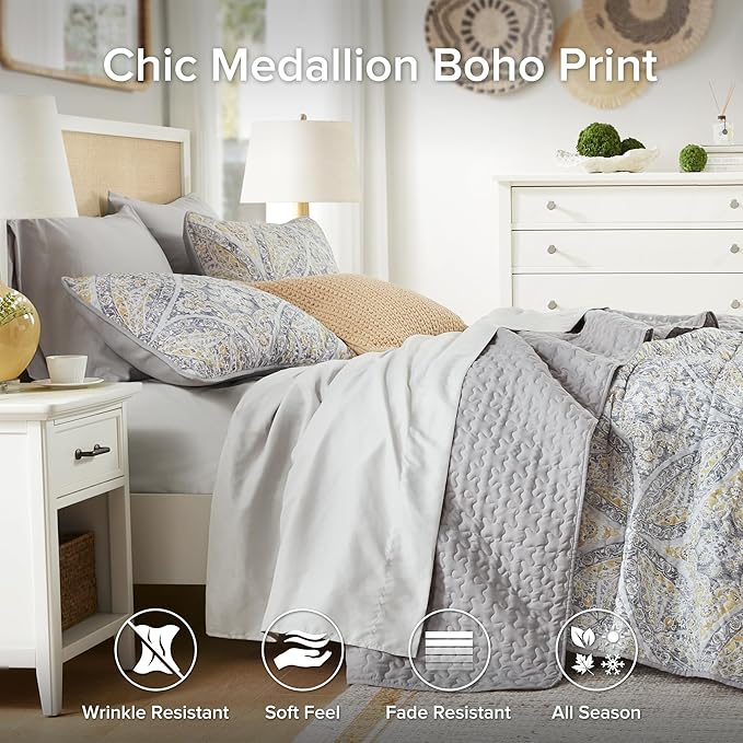 Comfort Spaces Gloria Full Queen Quilt Set 3 Piece for Summer Gray/Yellow | Reversible Coverlet Bedspread, Soft All Season, Medallion Pattern, Winter Layer with Shams Modern Lightweight, Cozy Comfort