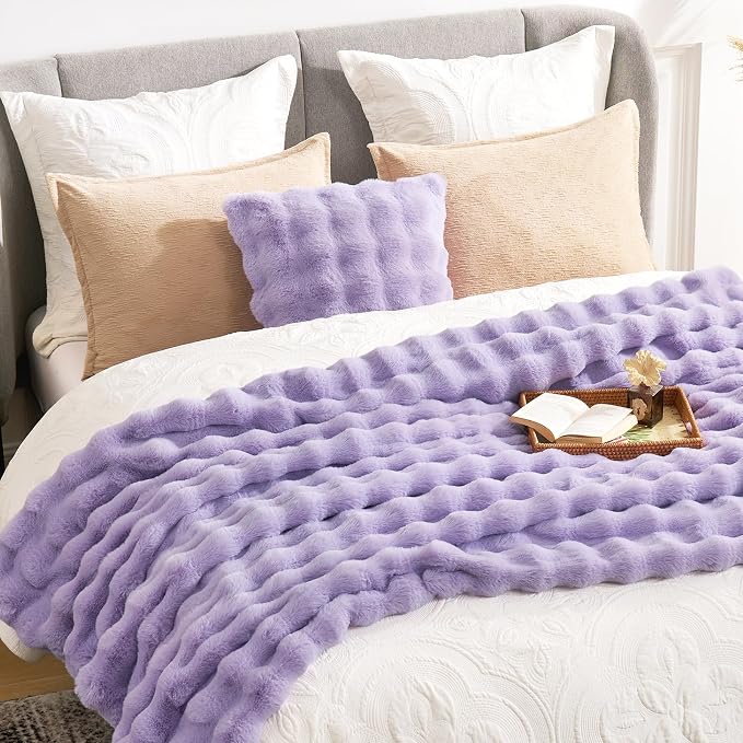 Cozy Bliss Faux Fur Throw Blanket for Couch, Fuzzy Soft Plush Thick Bubble Blanket for Sofa Bedroom Living Room, 60 * 80 Inches Lavender Purple