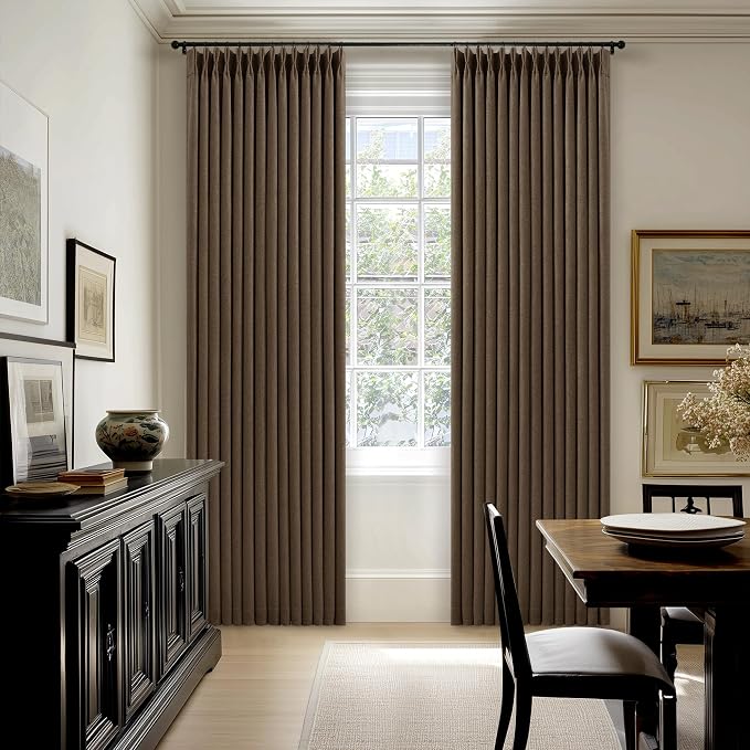 80 Inch Dark Brown Thick Linen Blackout Pinch Pleat Curtains for Bedroom | 100% Black Out Light Blocking, Thick Linen Textured Pleated Drapes, Back Tab with Hooks Rings, Living Room Window Curtains