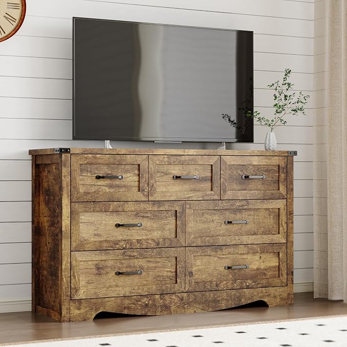 BORNOON 7-Drawer Dresser for Bedroom, Modern Wooden Chest of Drawers with Metal Handles, Anti-Tipping Design, Sturdy and Stable Storage Organizer for Living Room, Entryway, Home Office