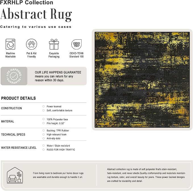 Area Rug Living Room: 4x4 Modern Washable Soft Carpet Black Gold | For Bedroom Dining Room Farmhouse Nursery Hallway Office,Modern Abstract,Machine washable,Non-Slip,Stain Resistant,Indoor