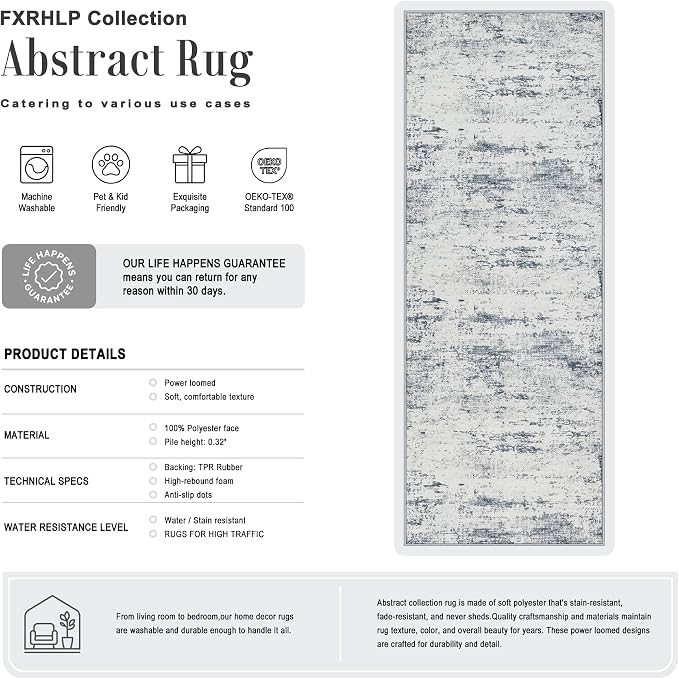 2x5 Washable Runner Rug：Modern Abstract Soft Carpet Blue Grey | For Hallway, Bedroom, Kitchen, Laundry, Bathroom,Door Mat,Modern Abstract,Machine washable,Non-Slip,Stain Resistant,Indoor