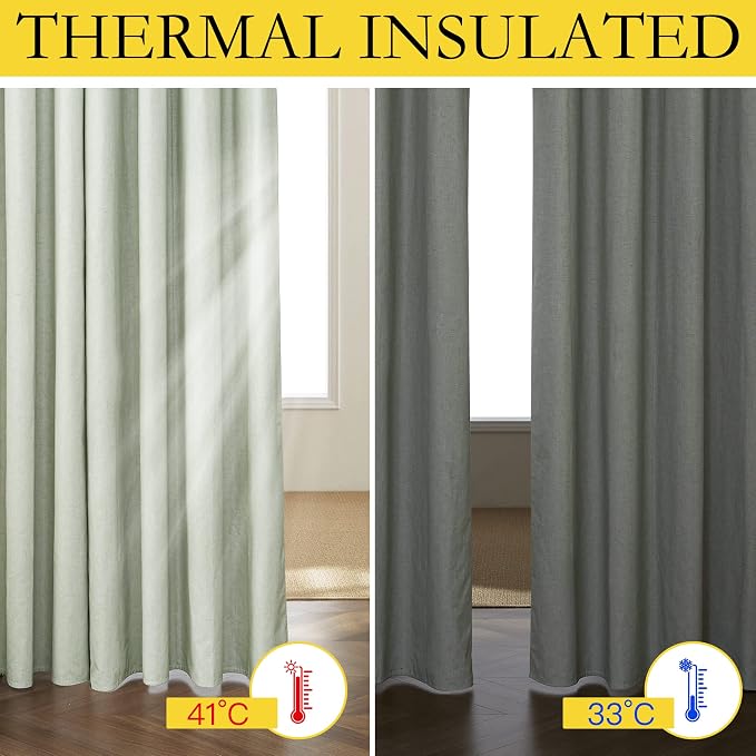 NICETOWN Sage Green Blackout Curtains for Boy's Room 52" w x 80" L 2 Panels | 100% Light Blocking Linen Texture Thermal Insulated Full Room Darkening 2-Layer Lined Draperies, Energy Efficiency Decor