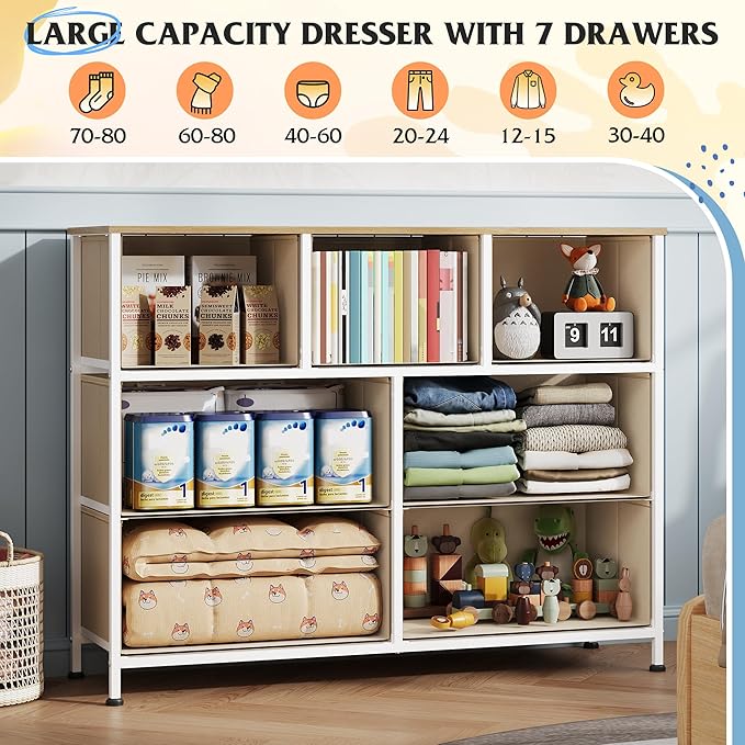 WLIVE Dresser for Bedroom, 7 Drawers, TV Stand, Cream White | 7 roomy fabric drawers, Fits TVs up to 45 inch, Bedroom or living room, Wide storage design, Chest of drawers