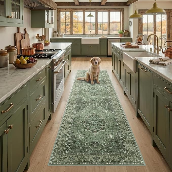 RELEANY Washable Area Rug, Runner 2'x8', Green/Dark Green/Gray | Non-Slip, Water Repellent, Pet Friendly, Easy to Clean, Vintage Floral Boho Decor for Kitchen Hallway Bedroom Laundry