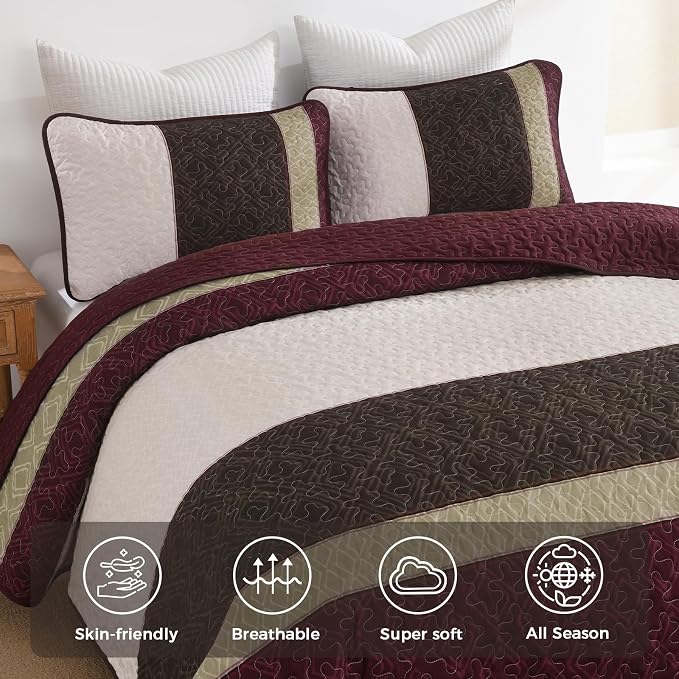 Cottolester King Size Quilt Set,Burgundy Striped Plaid Bedsperad Coverlet | Modern Boho Style,Striped Plaid Design,Ultra Soft Lightweight Microfiber Quilted Bedding Sets for All Seasons 110"x90"
