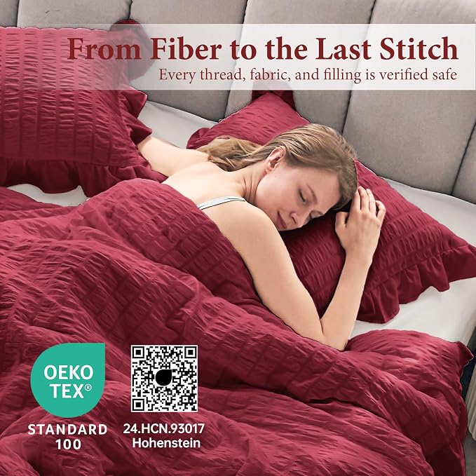 JOLLYVOGUE Burgundy Queen Comforter Set, 3 Pieces Seersucker Comforters Queen Size, Lightweight & Fluffy Bedding Sets for All Season with 1 Ruffle Comforter and 2 Ruffle Pillowshams