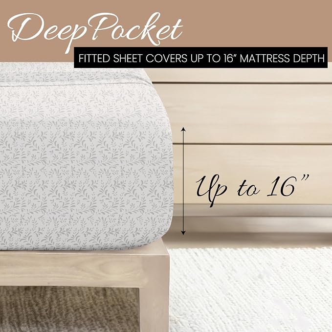Linen Market Double-Brushed Patterned Microfiber Full Sheet Set 4 Piece – Oeko-TEX Certified Ultra Soft & Wrinkle-Free - 16" Deep Pocket Sheets - Easy Care Full Size - Burst of Vines Light Gray