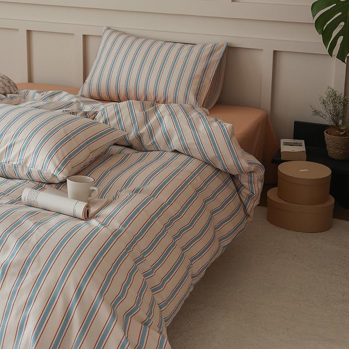 Striped Comforter Set King Size, 3 Pieces Lightweight Striped Bedding Comforter Set, Fluffy Soft Blue Brown Stripes Pattern Printed Bedding Set, Breathable King Size Comforter with 2 Pillowcases