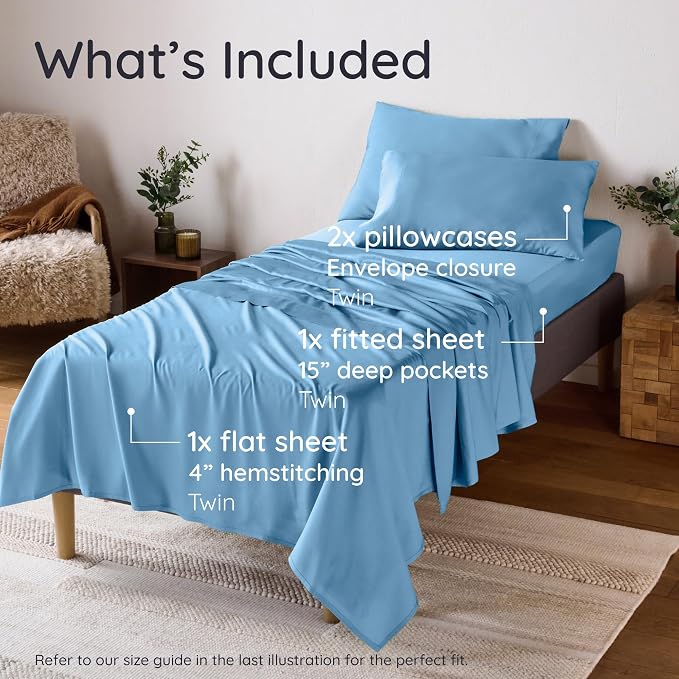 Bambaw 100% Viscose Derived from Bamboo Twin Sheets Set – 4-Piece Twin Sheet Set Cooling, Soft & Breathable, Cooling Bedding, Lightweight Feel, FSC® & Oeko-TEX® Standard 100 Certified (Dream Blue)