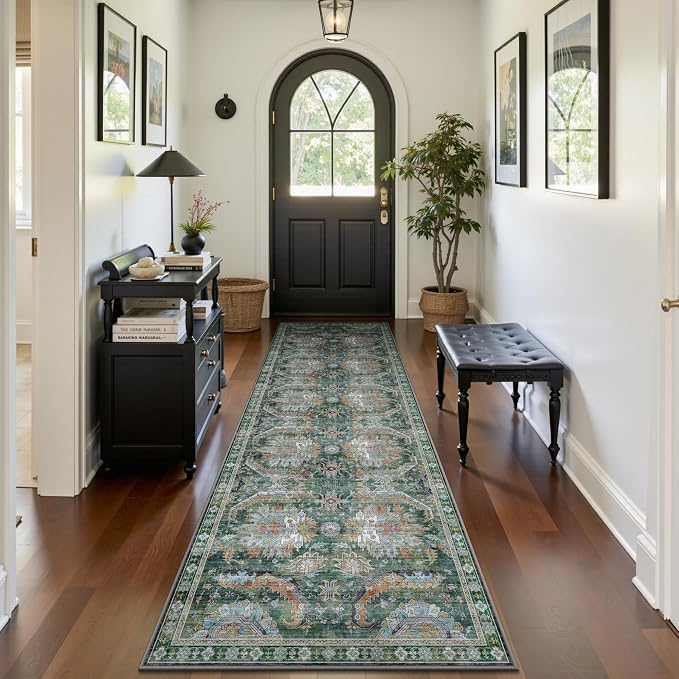 2x8 Hallway Runner Rug, Washable Vintage Retro Long Runner Rugs for Kitchen Laundry, Soft Ultra Thin Non Slip Low Pile Traditional Area Carpet for Bedroom Bathroom Indoor, Green