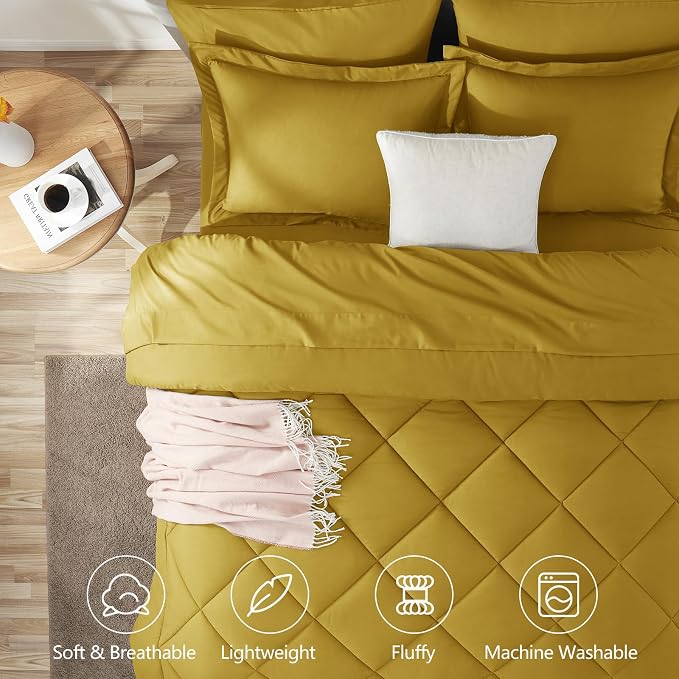 Full Size Comforter Sets Mustard Yellow - 7 Pieces Bed in a Bag | OEKO-TEX Certified, All Season, 240GSM Down-Alternative Comforter, Sheets, Pillowcases & Shams, 14" Deep Pocket, Easy Care