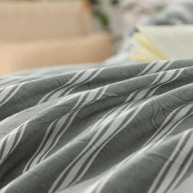 BESTOUCH Striped Cotton Duvet Cover Set Linen Feel Queen | 100% Washed Cotton, Soft Wrinkle Texture, Hidden Zipper, 8 Ties, Breathable Lightweight Durable Comfy, 3 Pcs No Insert