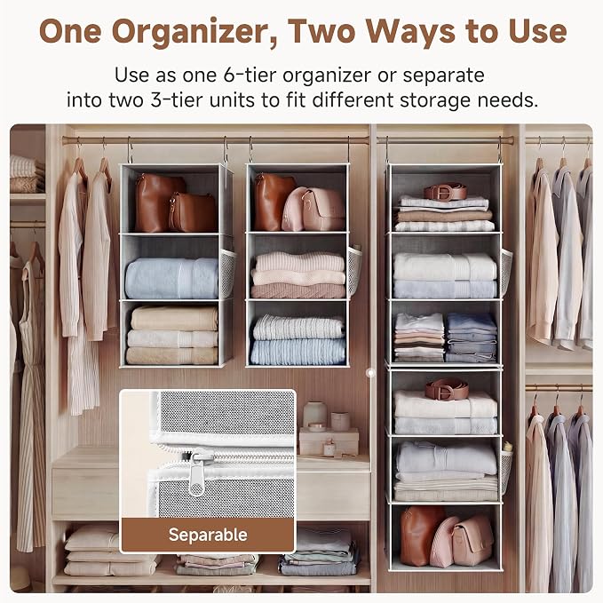 StorageWorks Hanging Closet Organizer, 6-Shelf with 2-in-1 Design, Ivory | Maximize Closet Space with Reinforced Shelves, Small Closet Storage Solution for Bedrooms, Dorms and RVs