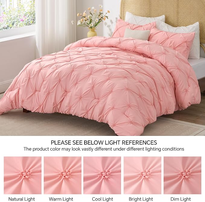 BEDELITE King Comforter Set Pink,Lightweight & Soft Comforter | Pintuck Boho Bedding, Warm & Cute Bed Set for All Season,With 2 Pillowcases
