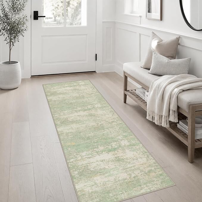 2x6 Washable Runner Rug：Modern Abstract Soft Carpet Green Cream | For Hallway, Bedroom, Kitchen, Laundry, Bathroom,Door Mat,Modern Abstract,Machine washable,Non-Slip,Stain Resistant,Indoor