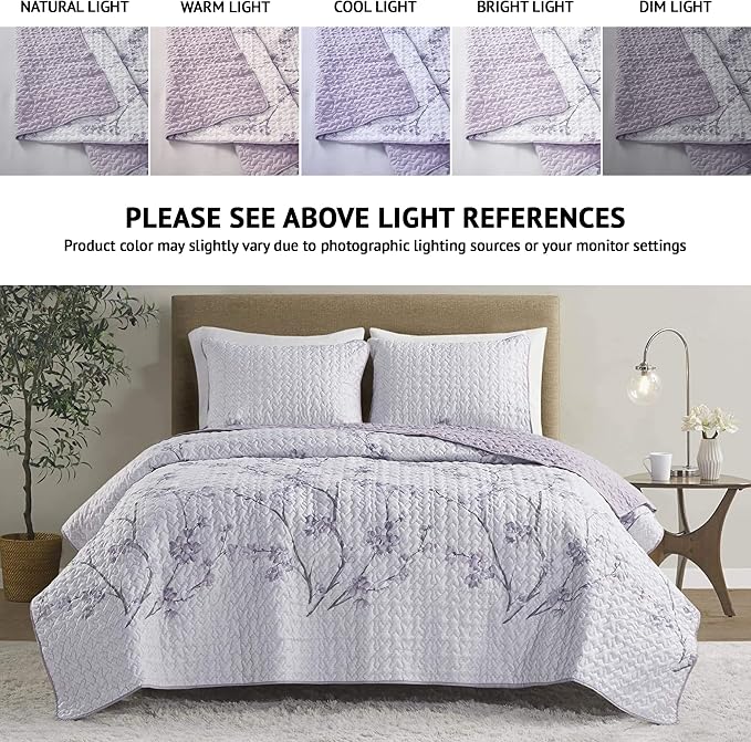 Comfort Spaces Bedspread Coverlet Set, Full/Queen, 3 Piece, Grey/Purple | All Season, Microfiber, Classic Layered Look for Any Bed, Floral Pattern, Reversible, Lightweight, OEKO-TEX Certified