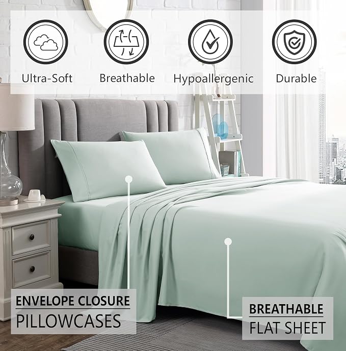 American Home Collection Twin Sheet Set - Ultra-Soft Microfiber 15-Inch Deep Pocket - Wrinkle Free and Fade Resistant (Mint Green)