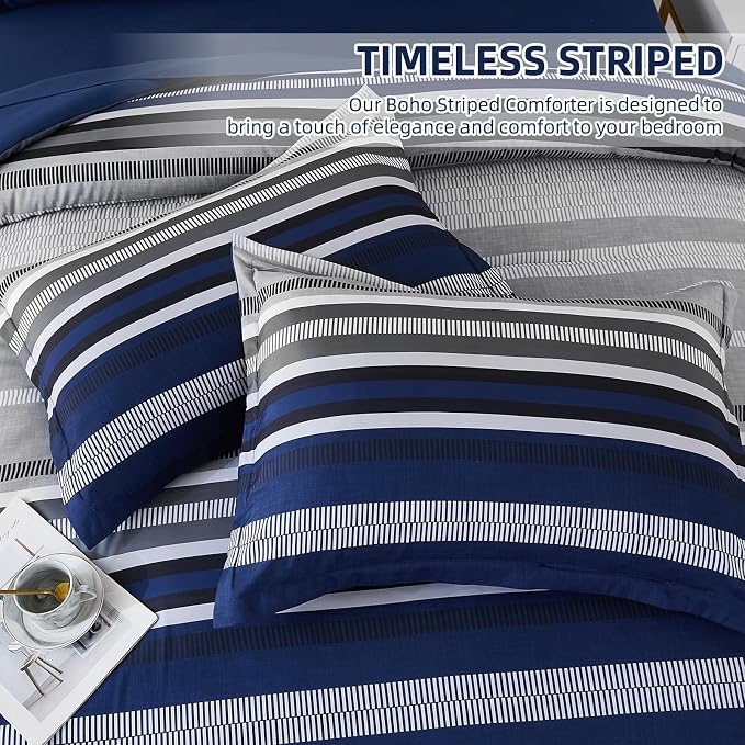Dobuyly Navy Blue Comforter Set Twin Size Bed in a Bag 5 Piece, Classic Striped Bed Bedding Set with Sheets Soft Microfiber All Season for Teen Boys