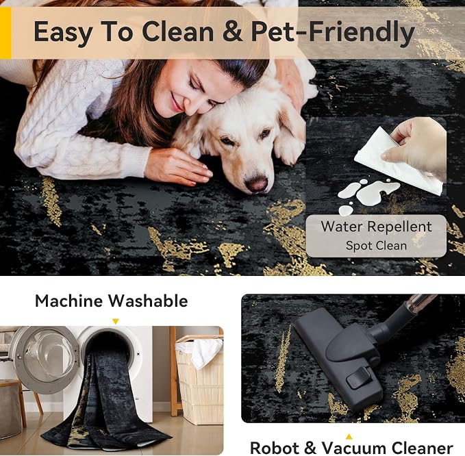RELEANY Washable 8'x10' Abstract Area Rug for Living Room Black Gold | Carpet for Bedroom, Kitchen, Office, Hallway and Entryway, Printed Pattern, Non‑Slip, Soft, Stain‑Resistant, Easy to Clean