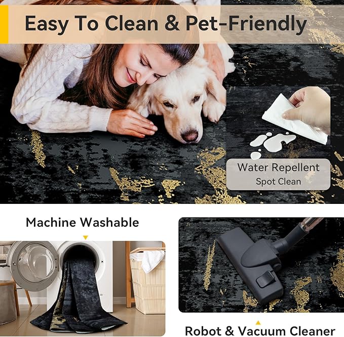 RELEANY Washable 9'x12' Abstract Area Rug for Living Room Black Gold | Carpet for Bedroom, Kitchen, Office, Hallway and Entryway, Printed Pattern, Non‑Slip, Soft, Stain‑Resistant, Easy to Clean