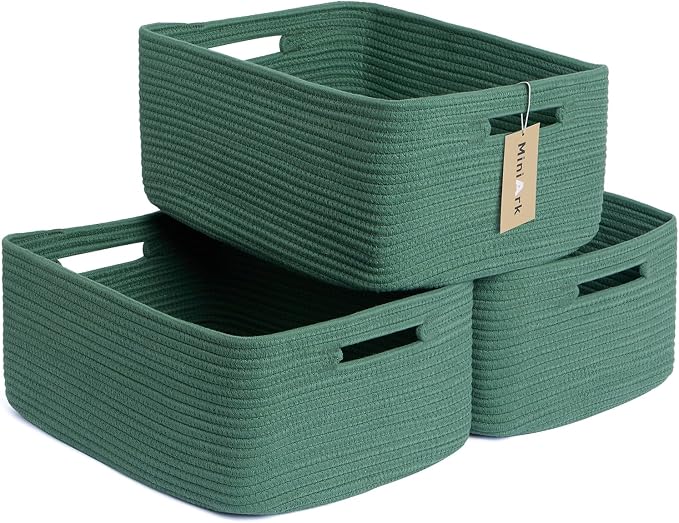 MiniArk Large Storage Baskets for Shelves, 17 x 13 x 7.5” Closet Organizers Bins for Clothes Blanket Towels, Baby Nursery, Toy Baskets Box, Woven Rope Baskets, 3 Packs Green