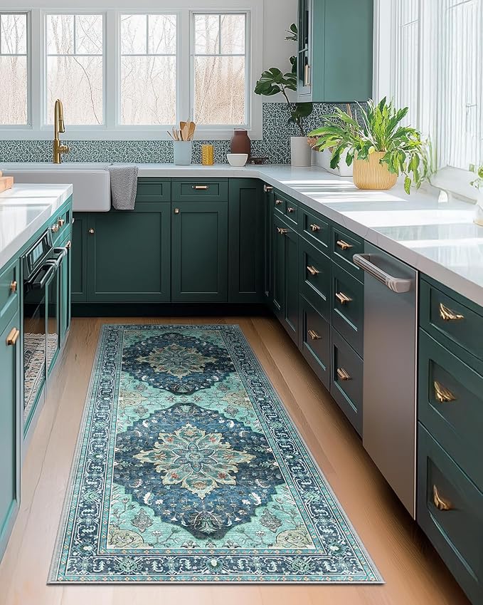 RELEANY Washable Area Rug, Runner 2'x6', Teal | Non-Slip, Water Repellent, Pet Friendly, Easy to Clean, Vintage Floral Boho Decor for Kitchen Entry Bedroom Bedside Laundry