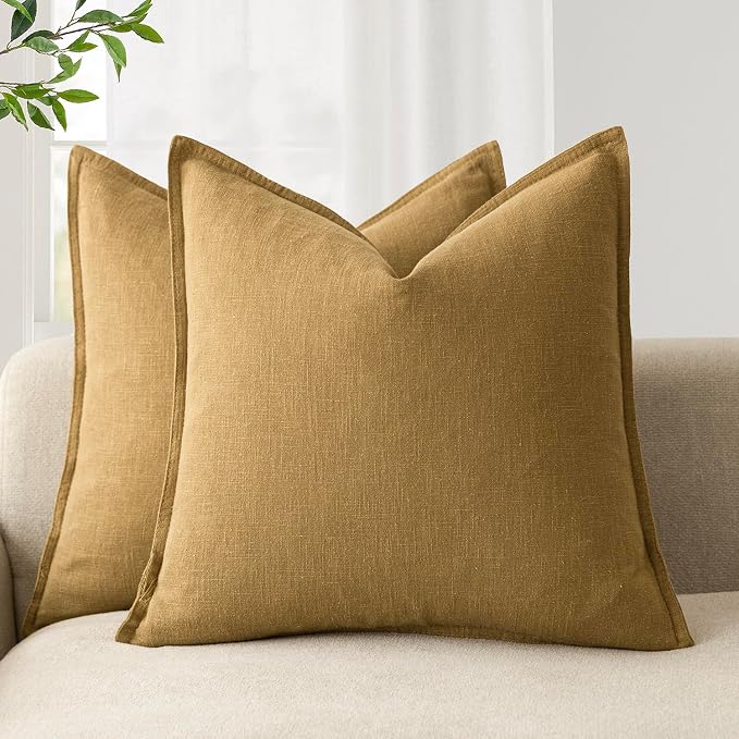 Foindtower Linen Solid Decorative Throw Pillow Covers 18x18 Honey Mustard | Pack of 2 Boho Farmhouse Neutral Pillowcase,Soft Euro Accent Cushion Covers,Home Decor for Bed Couch Sofa Bedroom Living Room