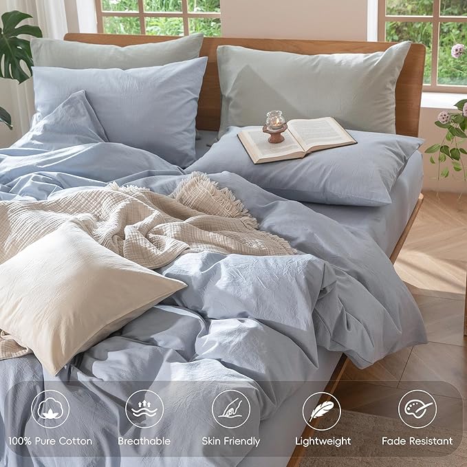 MooMee Duvet Cover Set 100% Washed Cotton Linen Like Oversized Full | Relaxed Linen-like Texture. Soft, Breathable & Long-lasting Comfort. Lightweight. Hidden Zipper with 8 Interior Corner Ties