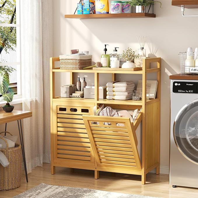 Homykic Tilt Out Laundry Hamper Cabinet, Bamboo Laundry Basket Organizer | 20 Gal Laundry Sorter with 2 Removable Liner Bags, Hidden Clothes Hamper with Shelf for Laundry Room, Bathroom, Closet