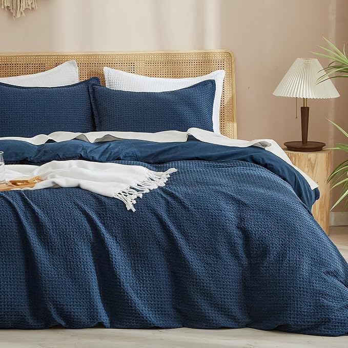 PHF Waffle Duvet Cover California King,Soft Breathable,104"x98",Navy Blue | 300GSM Fabrie，No Snagging Textured Honeycomb Comforter Cover for All Season 3pcs, Durable Bedding Duvet Set, Home Decor Gift