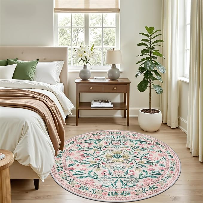 PLHXFR Round Area Rug Living Room: 4 ft Floral Washable Carpet Pink Green | For Bedroom Dining Room Farmhouse Nursery Hallway,Vintage Floral,Machine washable,Non Slip,Stain Resistant,Large Indoor