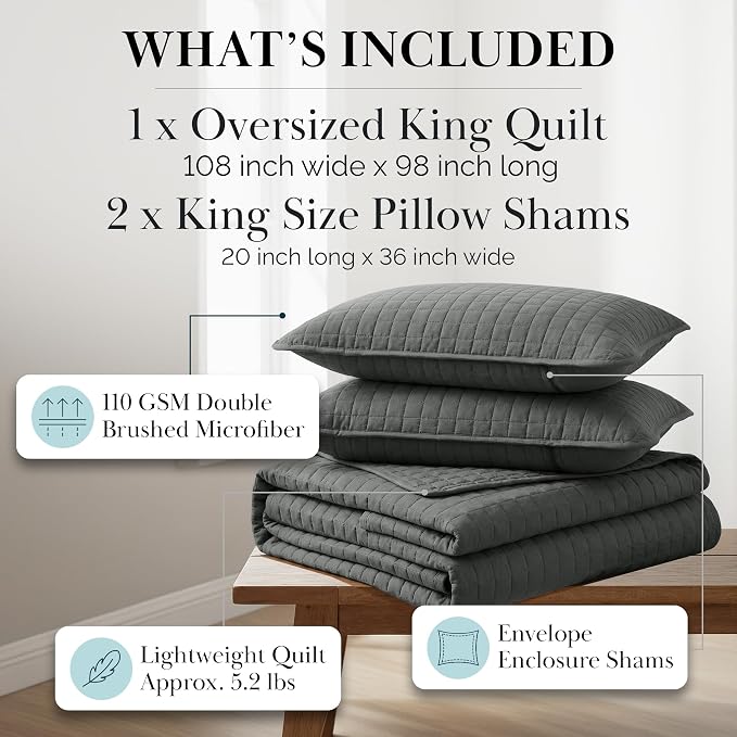 Southshore Fine Living, Inc. Oversized Quilt King Size Set, Grey Bed Spread King Size with 2 Matching Pillow Shams, Microfiber Quilted Bed Coverlet, Bedspread Set, Slate Grey Quilt