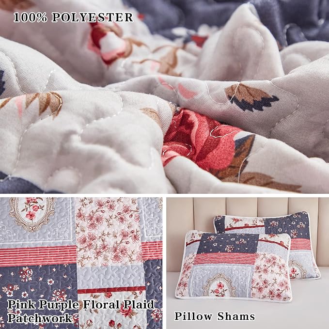 Patchwork Quilt Set Twin Size, 2 Pieces Pink Purple Floral Plaid Design Summer Bedspread Coverlet Set, Soft Microfiber Reversible Lightweight Bed Cover for Kids (68" x 86", 1 Quilt+ 1 Pillow Sham)