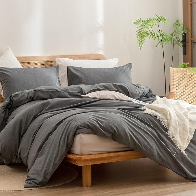 BESTOUCH Cotton Solid Duvet Cover Set Linen Feel Dark Grey California King | 100% Washed Cotton, Soft Wrinkle Texture, Hidden Zipper, 8 Ties, Breathable Lightweight Durable Comfy, 3 Pcs No Insert